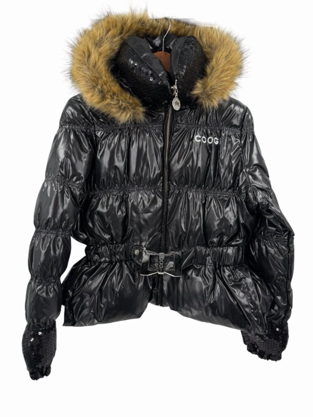 COOGI Women's Black Shiny Puffer Belted Sequin Hooded Jacket XL